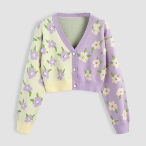 Two Tone Button Up Floral Faux Pearl Cardigan